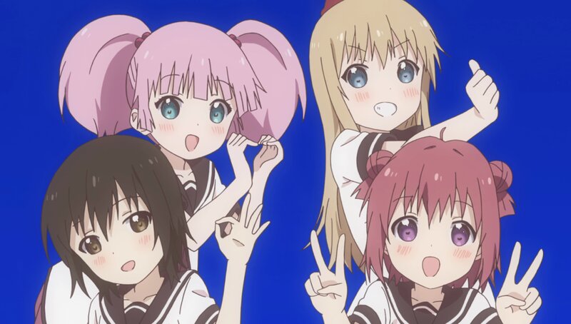Four Anime Girls — Blue, Cheerful, School Uniforms