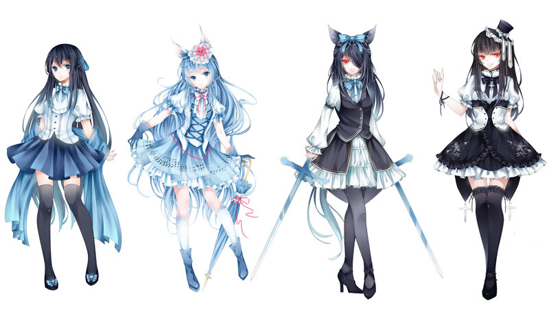 Four Anime Girls — Blue, Playful, Cat Ears