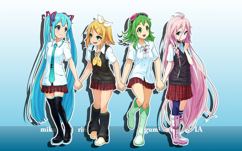 Four Anime Girls Holding Hands — Blue