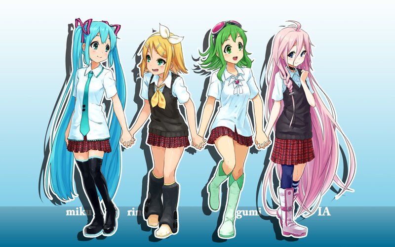 Four anime girls holding hands