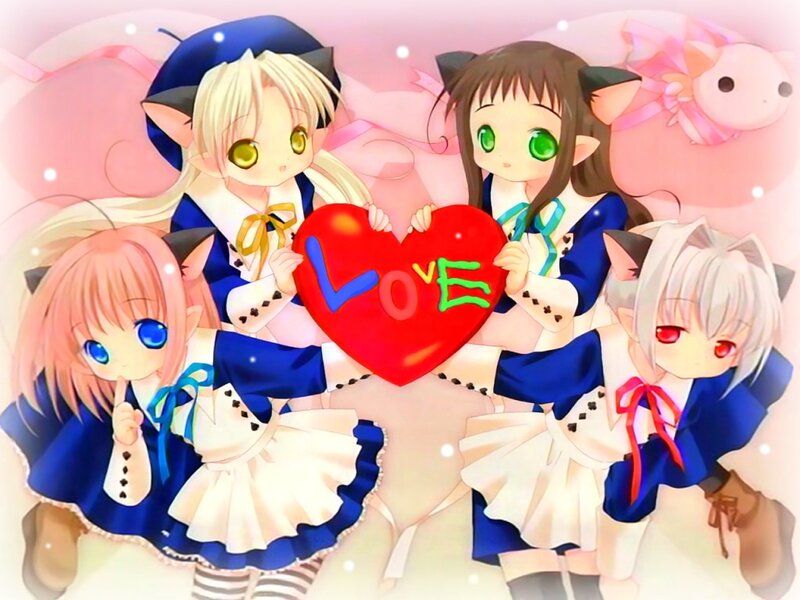 Four Anime Girls Holding Heart