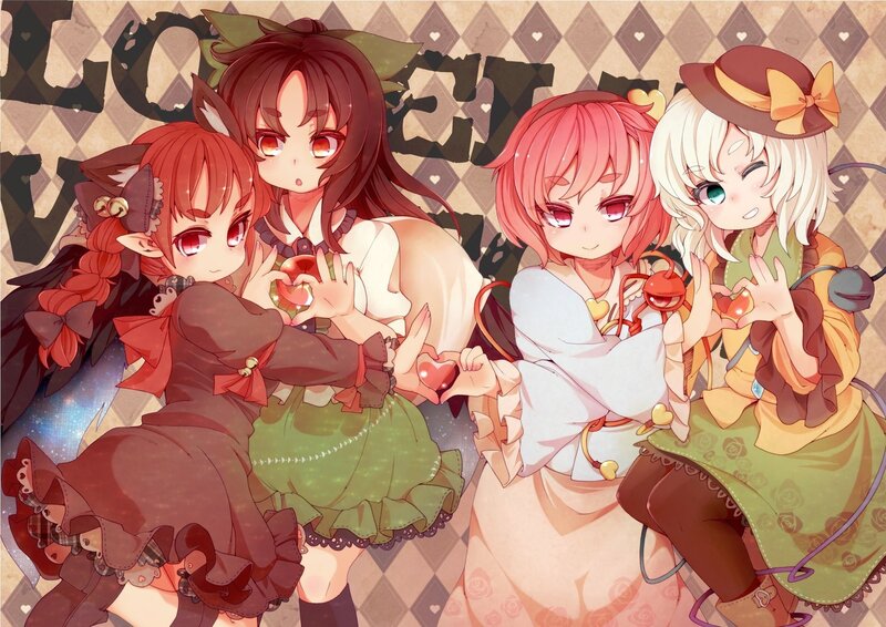 Four anime girls holding hearts