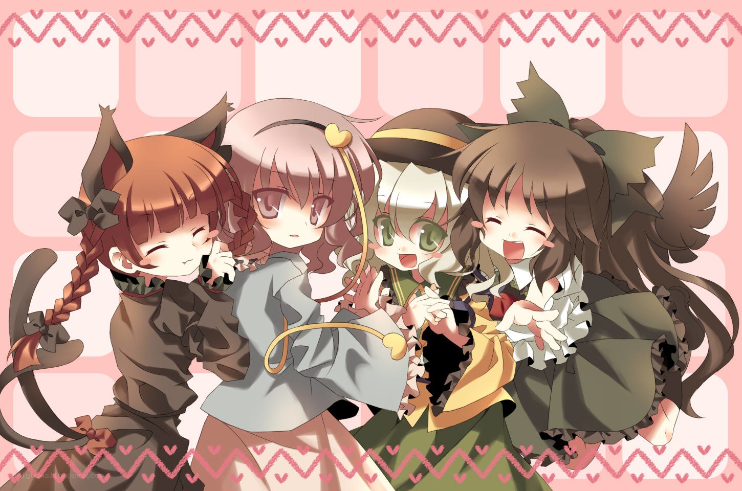 four anime girls hugging