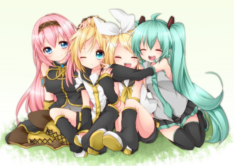 Four anime girls hugging