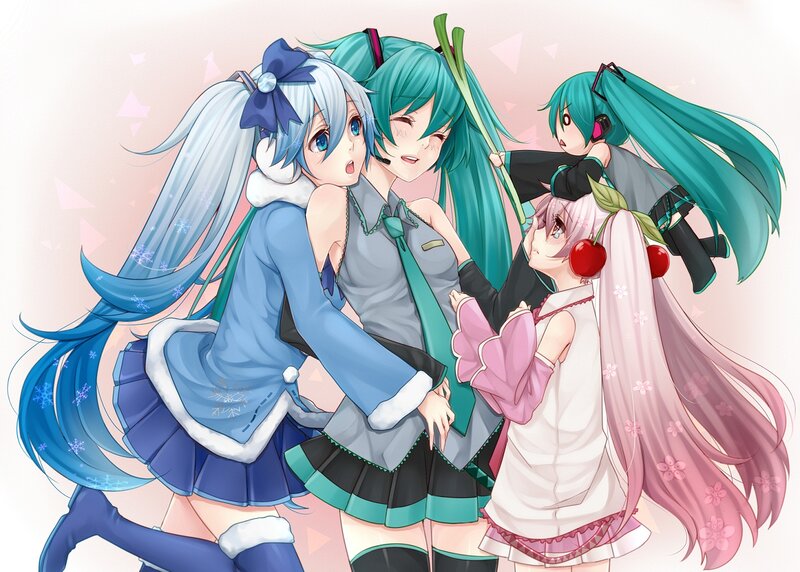 Four Anime Girls Hugging — Blue, Playful