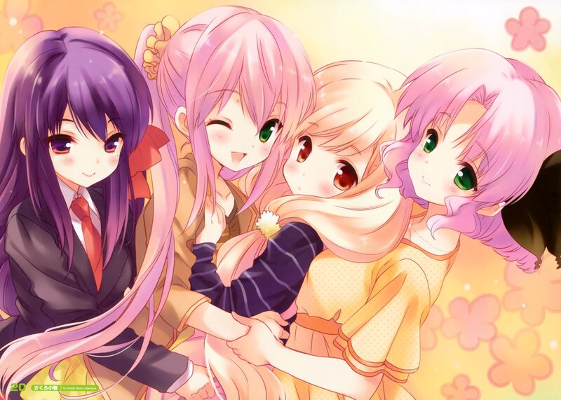Four Anime Girls Hugging — Pink, Cheerful, Spring