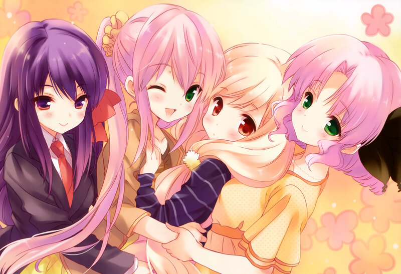 Four Anime Girls Hugging — Pink, Cheerful