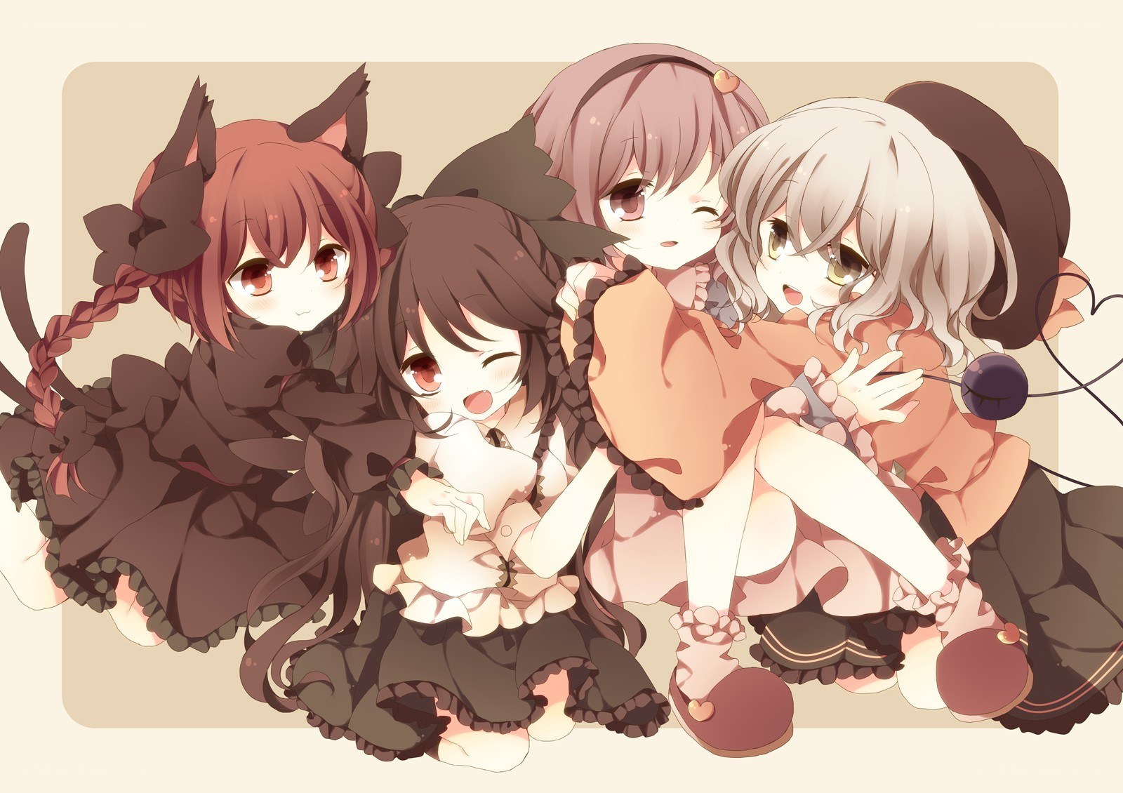 four anime girls hugging