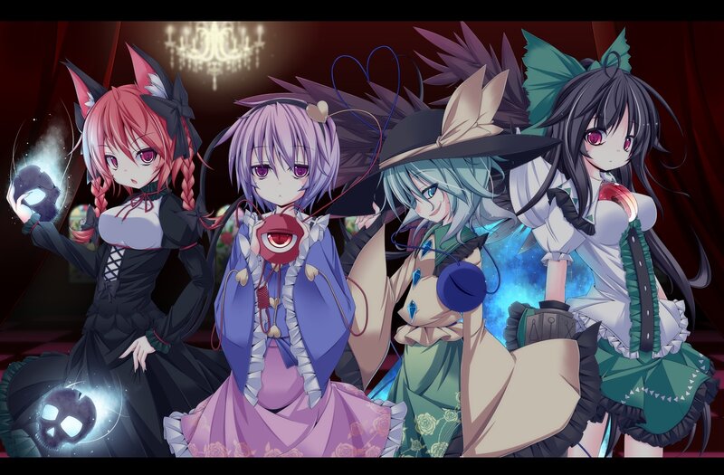 four anime girls in a dark room