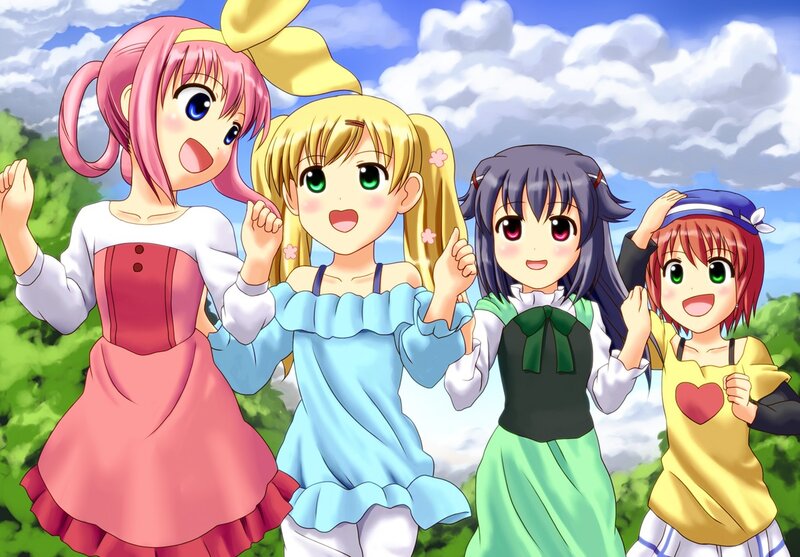 four anime girls in a field