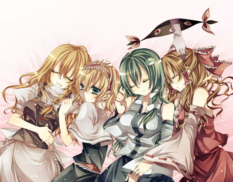 four anime girls in a group