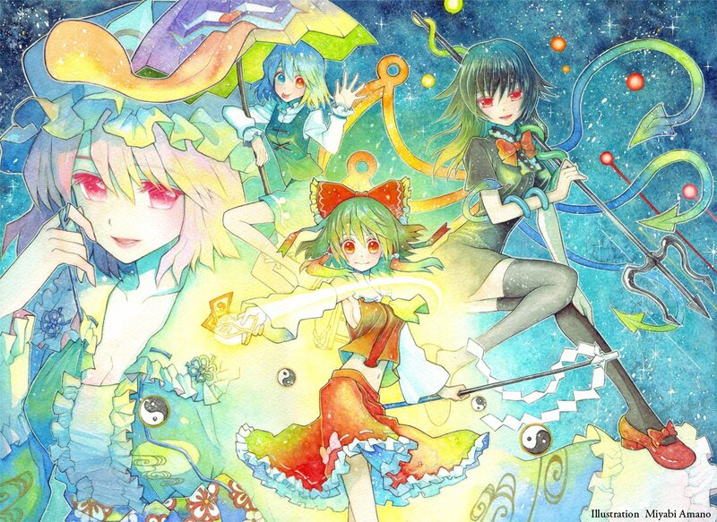 Four anime girls in a magical scene