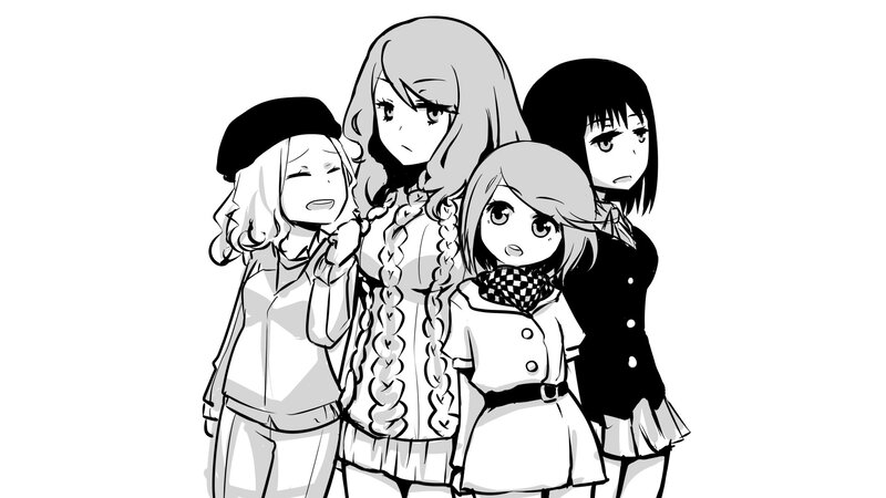 four anime girls in black and white