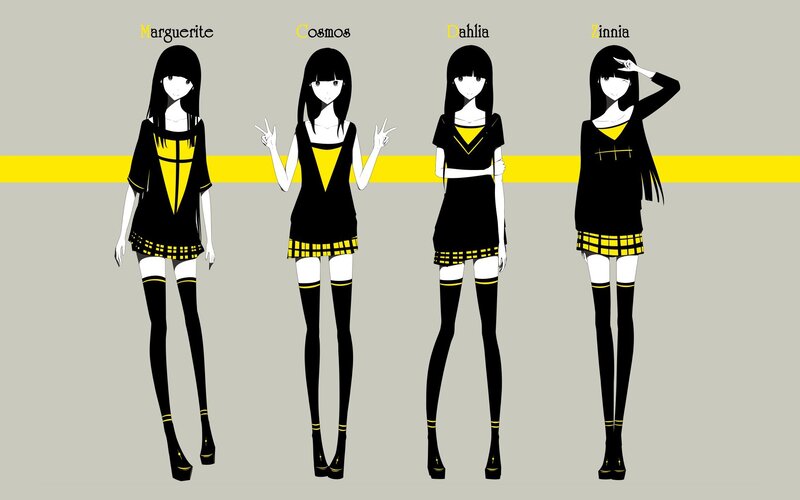 Four anime girls in black and yellow outfits