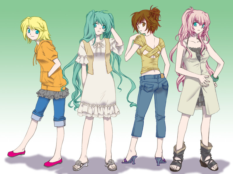 four anime girls in casual wear