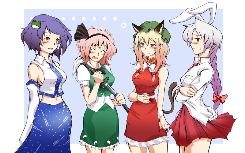 four anime girls in colorful outfits