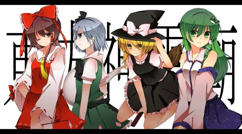 four anime girls in colorful outfits