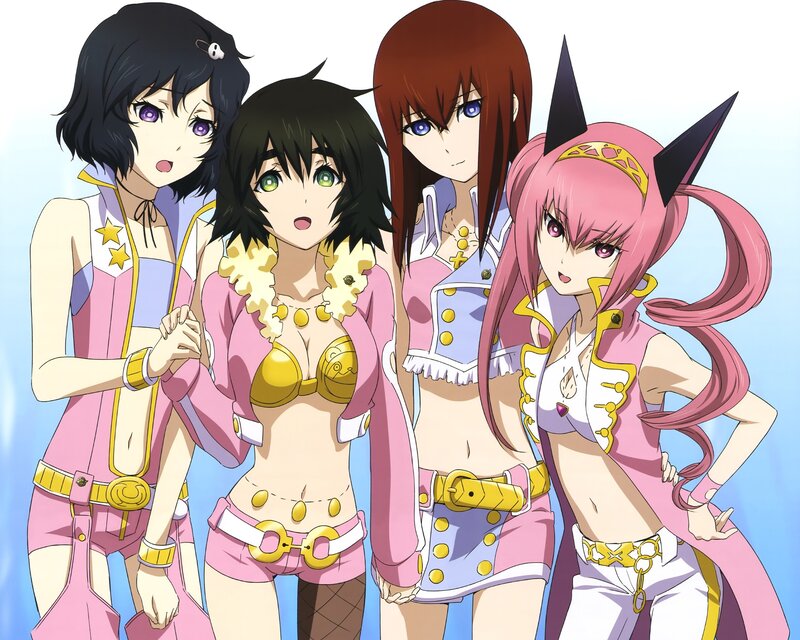 four anime girls in colorful outfits