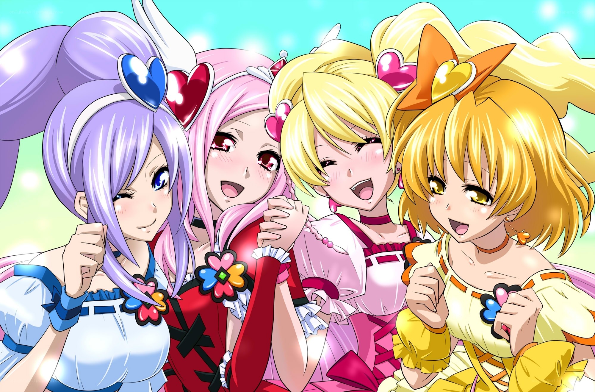 four anime girls in colorful outfits