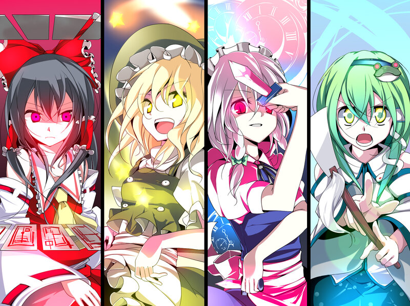 Four anime girls in colorful scenes