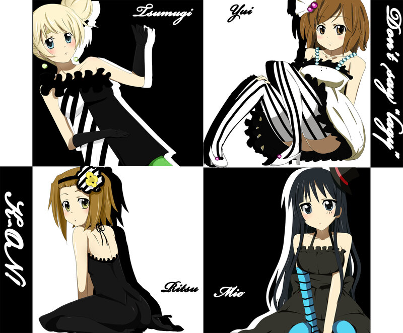 Four Anime Girls in Costumes — Black, Playful, Text