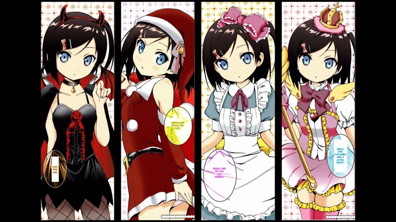 Four Anime Girls in Costumes — Black, Playful