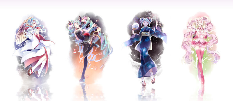 Four Anime Girls in Costumes — Blue, Festive, Night