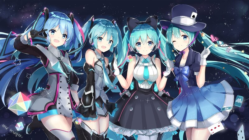 Four Anime Girls in Costumes — Blue, Playful