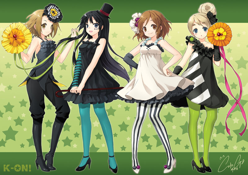 Four Anime Girls in Costumes — Green, Playful
