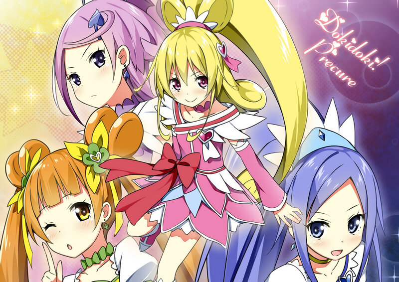 Four Anime Girls in Costumes — Pink, Cheerful, Sparkles