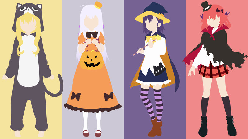 Four Anime Girls in Costumes — Purple, Festive