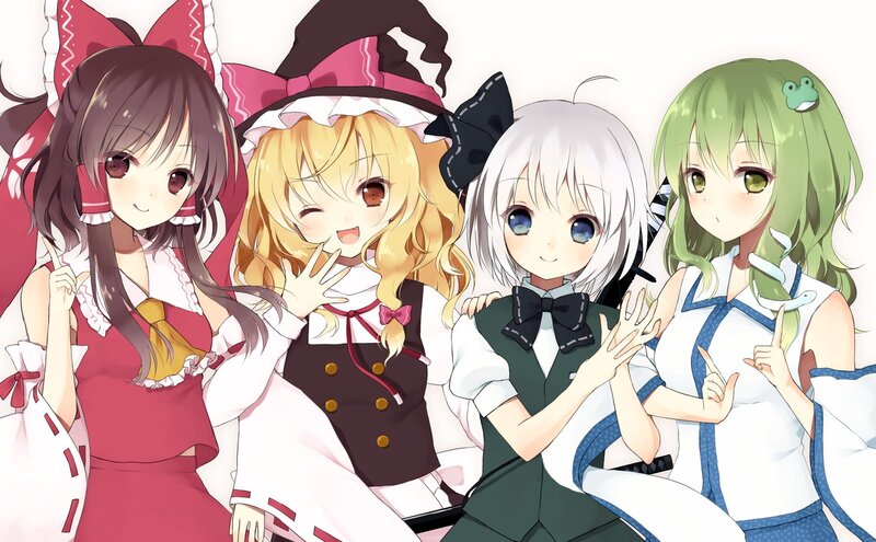 four anime girls in cute outfits