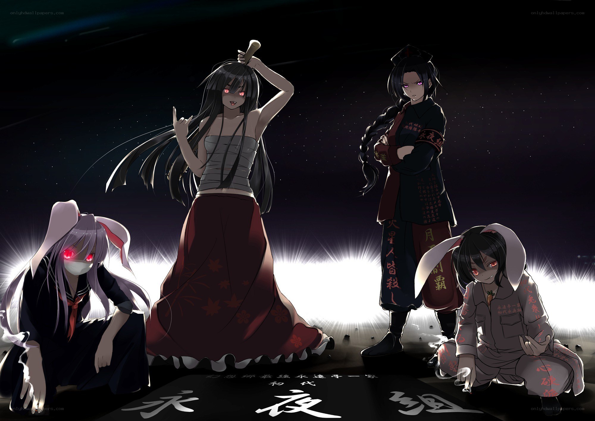 Four anime girls in dark setting