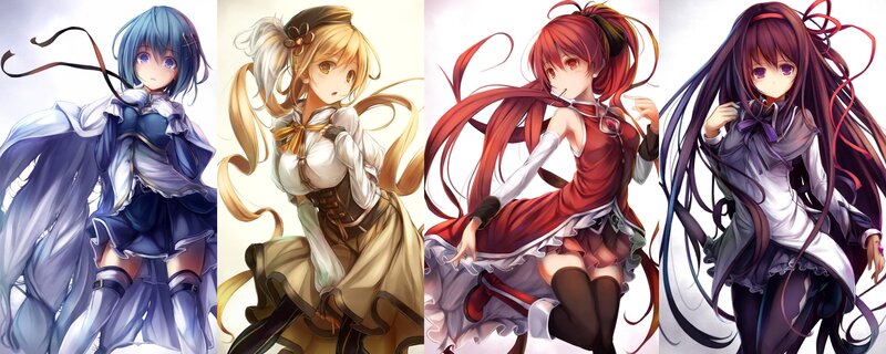 four anime girls in different outfits
