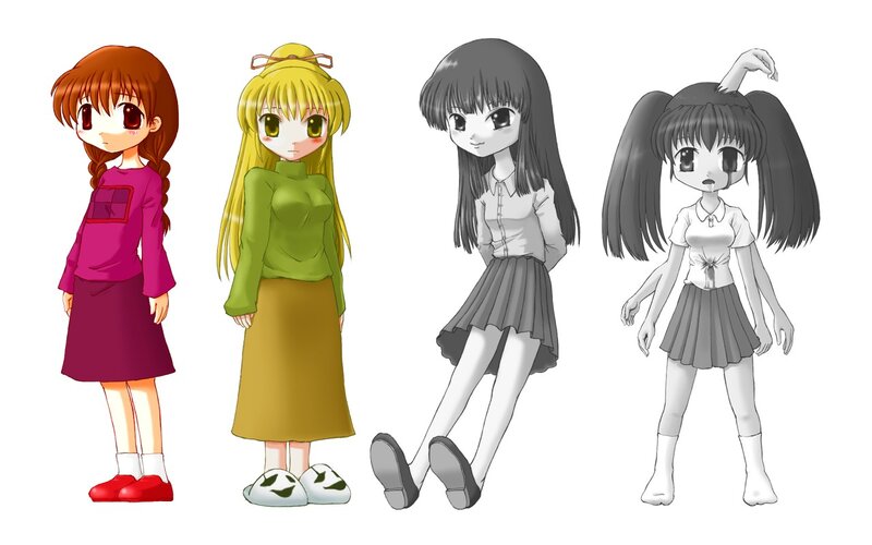four anime girls in different outfits