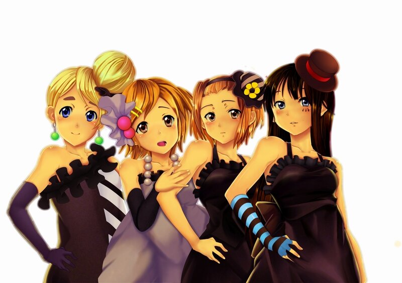 four anime girls in dresses