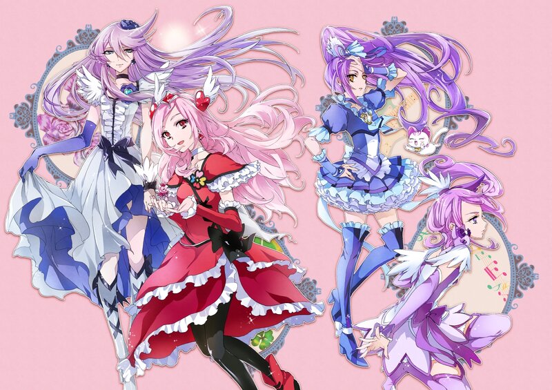 Four Anime Girls in Dresses — Pink, Playful