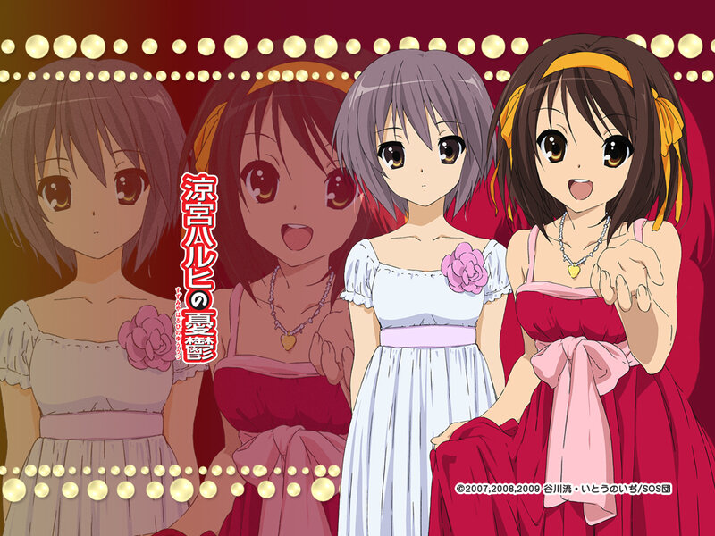 Four Anime Girls in Dresses — Red, Festive