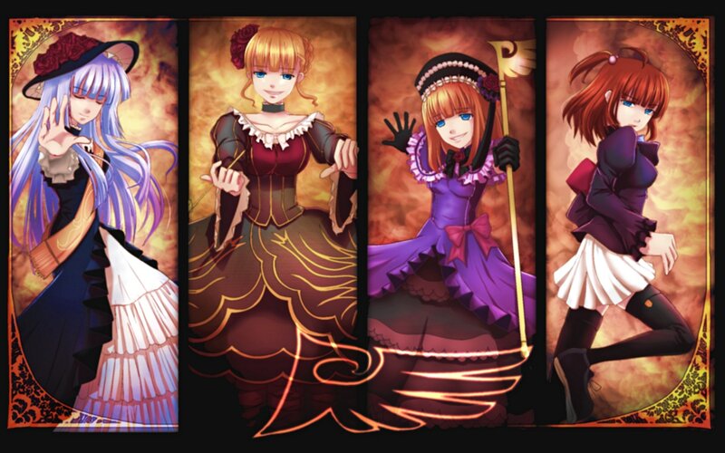 Four anime girls in elegant dresses