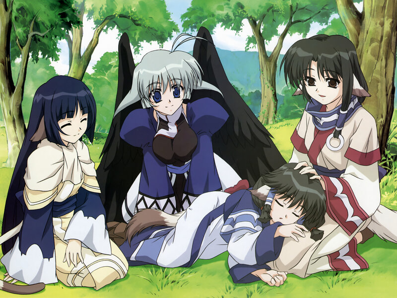 Four Anime Girls in Forest — Green, Peaceful, Afternoon