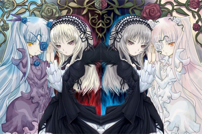 four anime girls in gothic dresses