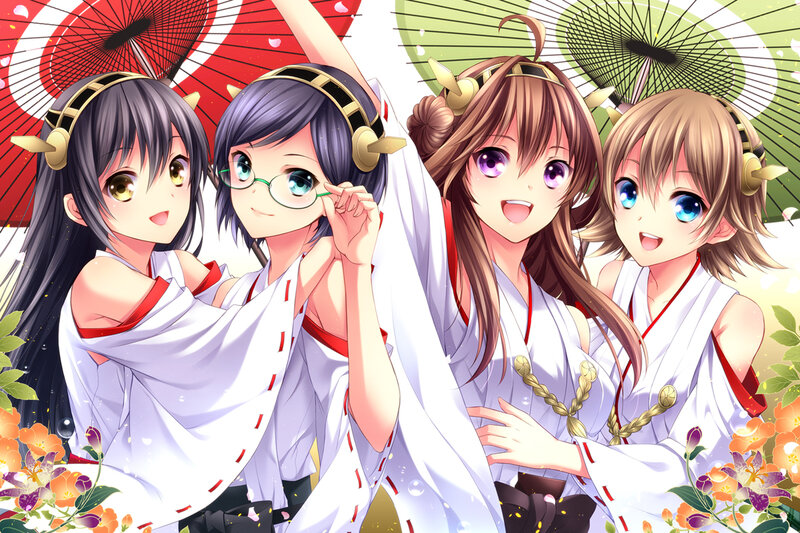 Four Anime Girls in Kimonos — White