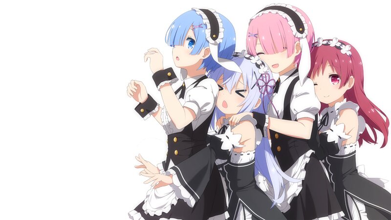 Four Anime Girls in Maid Outfits — White, Playful