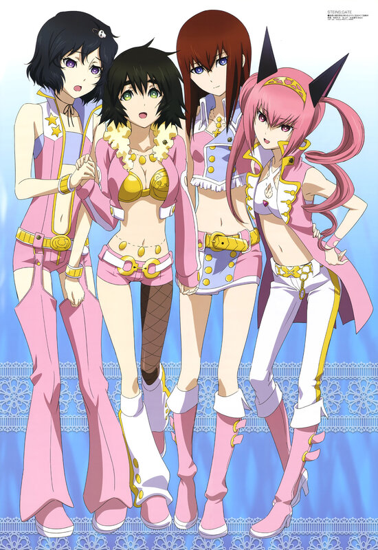 Four anime girls in pink outfits