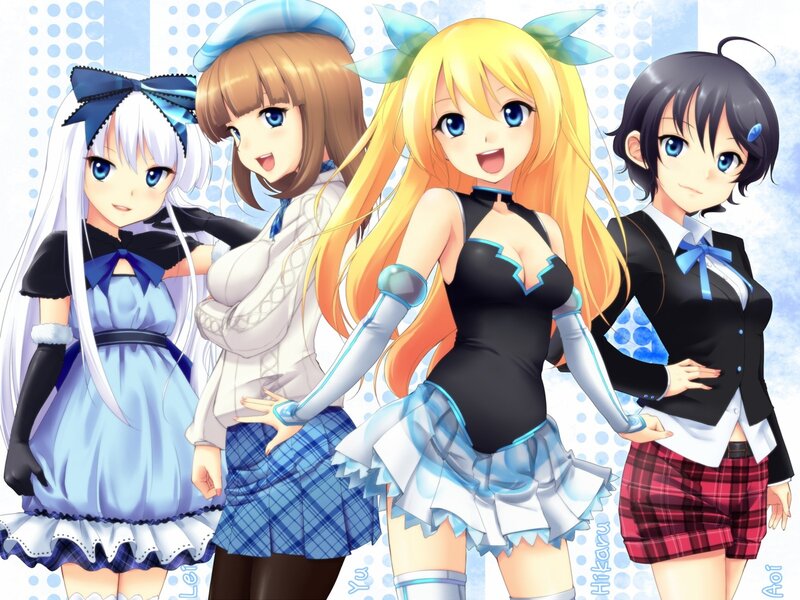 Four anime girls in school outfits