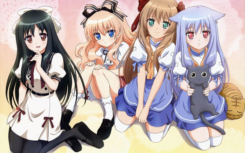 four anime girls in school uniforms