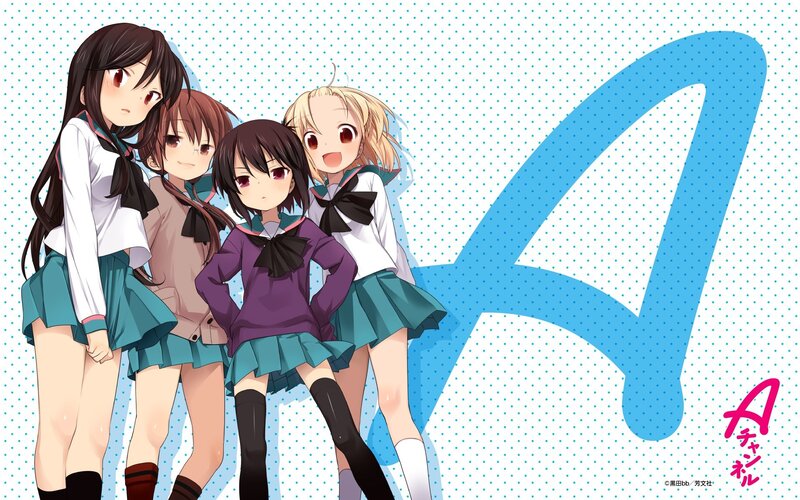 four anime girls in school uniforms