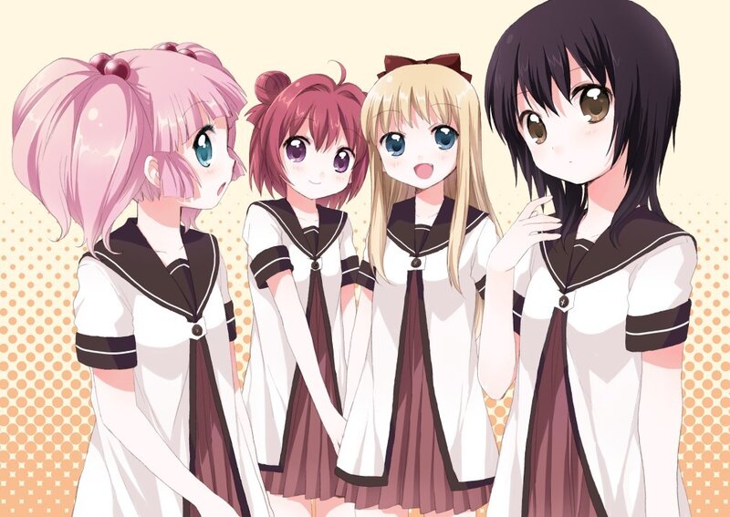 four anime girls in school uniforms