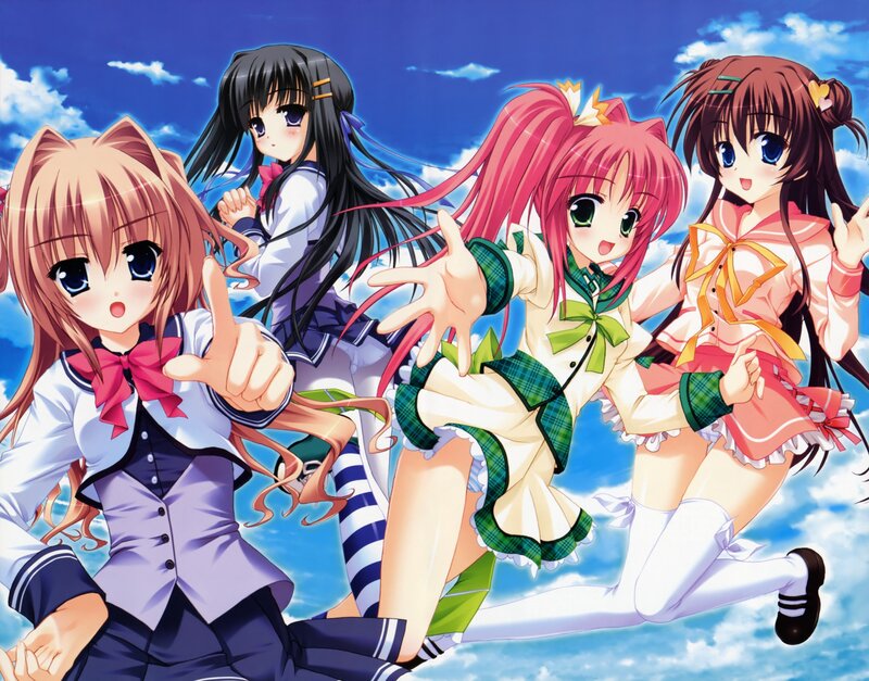 Four anime girls in school uniforms