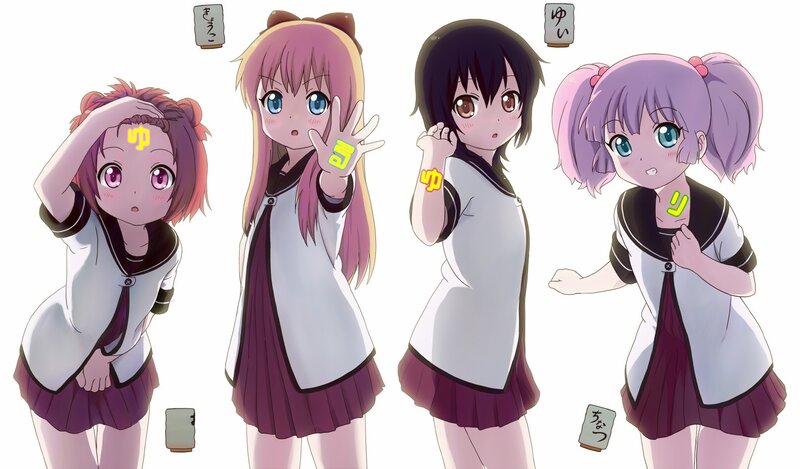 Four anime girls in school uniforms